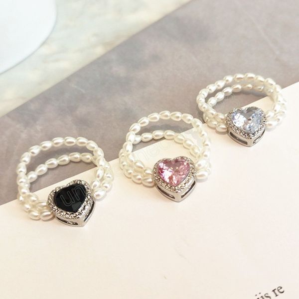 

luxury shinning rhinestone pink love heart charm ring for women double layers imitation pearl beads elastic ring gifts, Silver