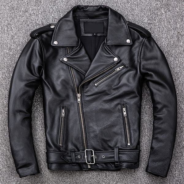 

men's leather faux spring classical motorcycle oblique zipper jackets men natural calf skin thick slim cowhide moto biker man 220905, Black