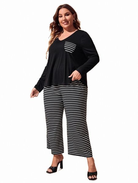

plus size dresses plus striped pocket patched & pants e6xa#, Black