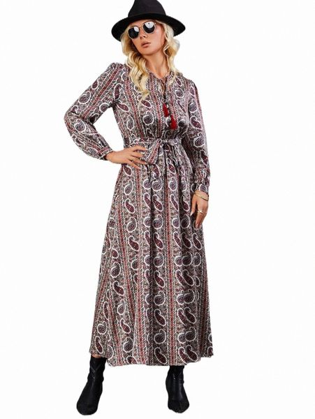 

casual dresses paisley print tassel tie neck belted dress z5i6#, Black;gray