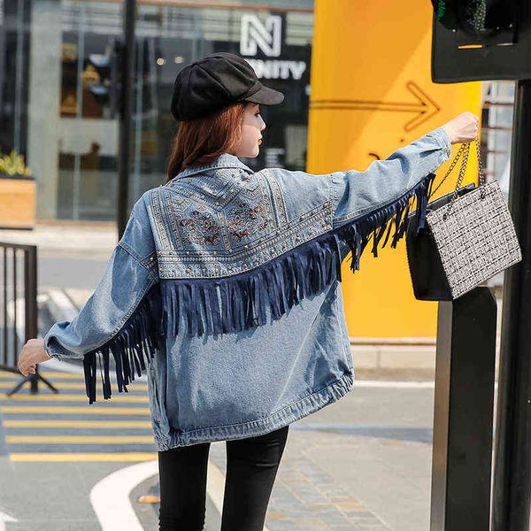 

women's jackets autumn tassel denim jacket women loose embroidery bomber blue jackets casual basic coat kurtka jeansowa damska t220830, Black;brown