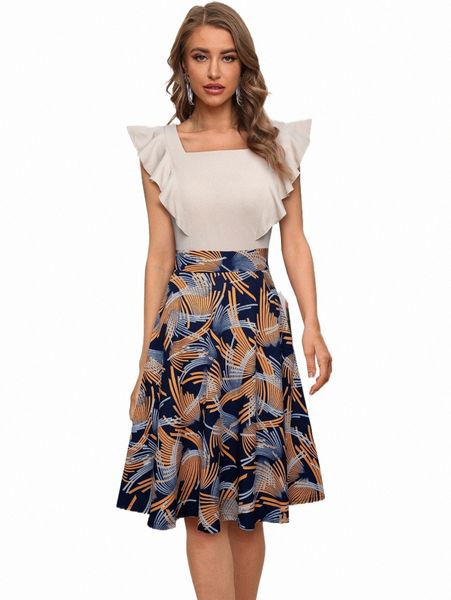 

casual dresses graphic print square neck ruffle trim dress d3ps#, Black;gray