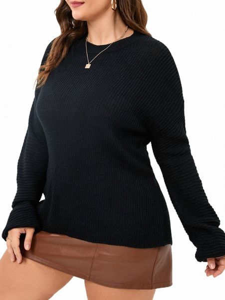 

plus size t-shirt plus size grommet lace up back drop shoulder sweater e2t9#, Black