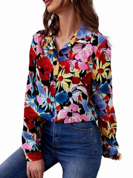 

women's blouses & shirts allover floral button up shirt d541#, White