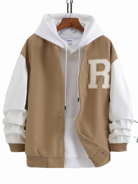 

men's jackets men letter graphic colorblock drop shoulder jacket without hoodie s0cn#, Black;brown