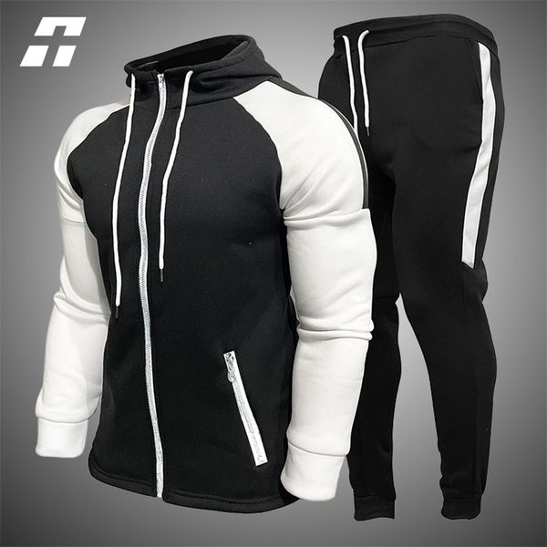 

mens tracksuits 2 pieces sets mens tracksuit casual patchwork hoodies zipper sports suitpants fashion jogging muscle fitness men set 220905, Gray