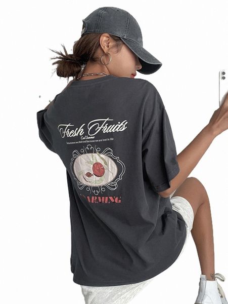 

women's t-shirt dazy fruits & slogan graphic drop shoulder tee 55xh#, White