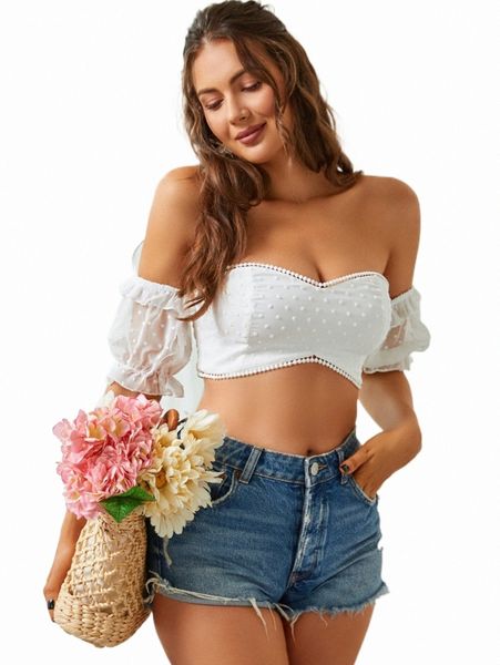 

women's t-shirt sbetro off shoulder contrast dobby mesh crop f5vw#, White