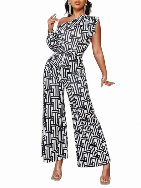 

women's jumpsuits & rompers glamaker geo print asymmetrical neck bishop sleeve belted culotte jumpsuit 74nj#, Black;white