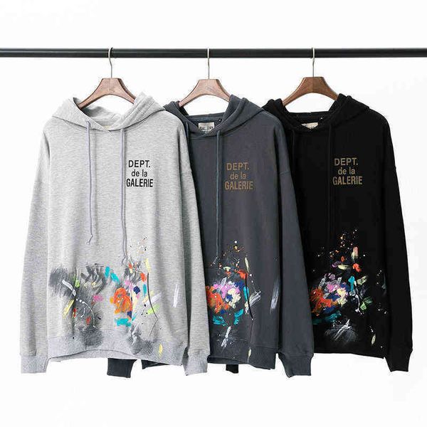 

designer hoodies fashion galleryes mens hand painted graffiti splash ink old letter printed cotton terry hooded sweater tide jh2j, Black