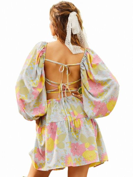 

casual dresses sbetro floral print lantern sleeve tie backless ruffle hem dress b7gc#, Black;gray