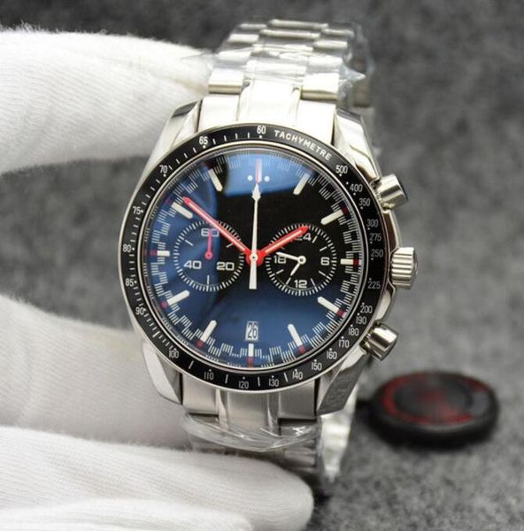 

high grade 44mm quartz chronograph mens watches red hands stainless steel bracelet fixed bezel with a ring showing markings, Slivery;brown