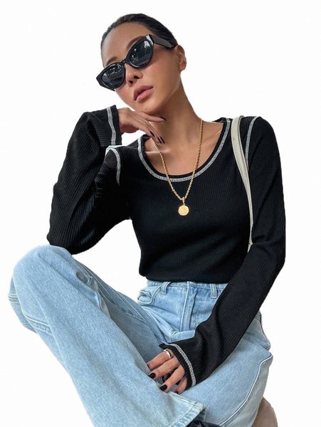 

women's t-shirt dazy rib knit stitching tee k0s0#, White