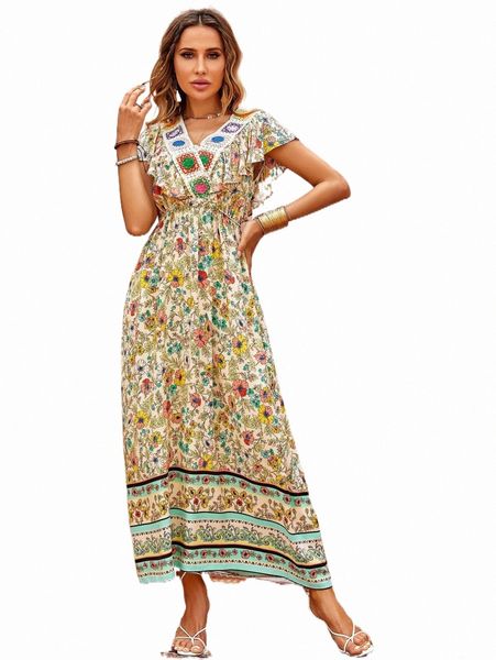 

casual dresses allover floral print ruffle trim dress x6fv#, Black;gray