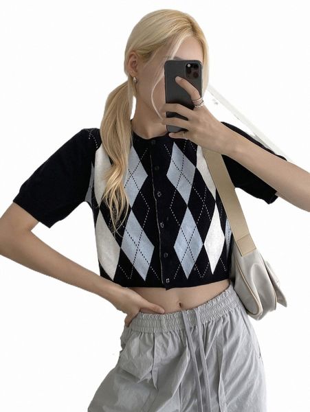 

women's sweaters dazy argyle pattern crop knit g98h#, White;black