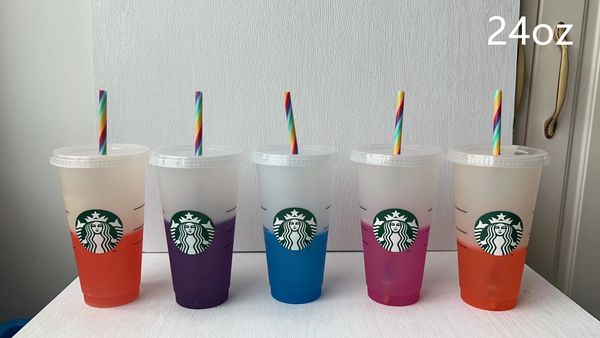 

2022 starbucks 24oz/710ml plastic mugs tumbler reusable clear drinking flat bottom pillar shape lid straw cups mug the new product for facto