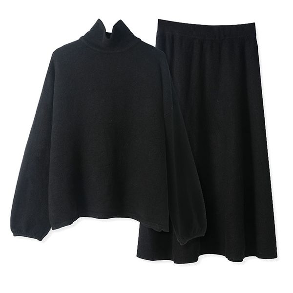 

womens two piece pants 2 pieces sweater set women highneck sweater midi skirt chic pullover sweater knitted skrit set 220906, White