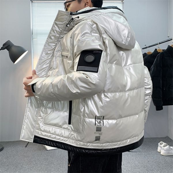 

men's down parkas winter solid white duck jackets hooded shiny waterproof cold thick warm coats outwear puffer 220906, Black