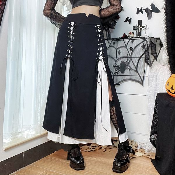 

skirts gothic clothes black skirt women streetwear bandage patchwork summer split punk high waist long