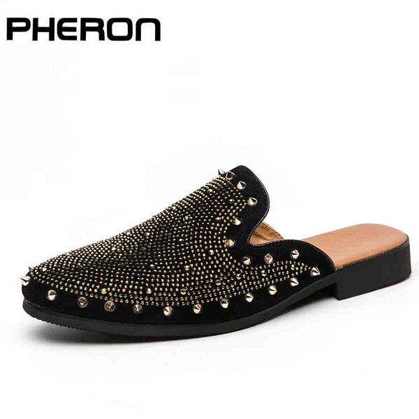 

boots new men casual shoes designer rivet dress slippers fashion chausure homme cuir half zapatos hombre party 220901, Black