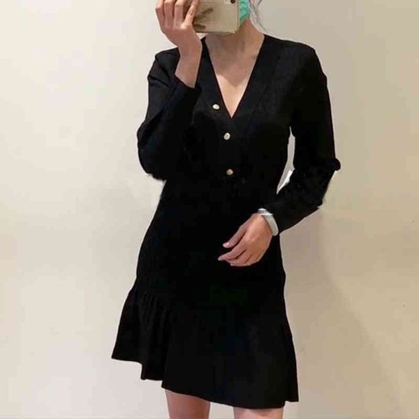 

casual dresses french single dress autumn winter ol v-neck jacquard pleated ruffle skirt women sfpro01384, Black;gray