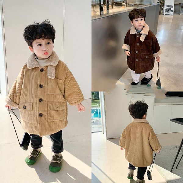 

baby boy girl coat winter corduroy jacket long thick fleece warm infant toddler collar button coats loose outfit baby clothes 20220906 e3, Blue;gray