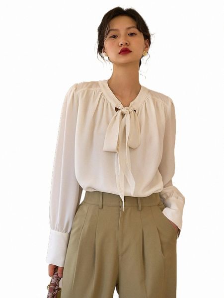

women's blouses & shirts dazy solid tie neck bishop sleeve shirt r14p#, White