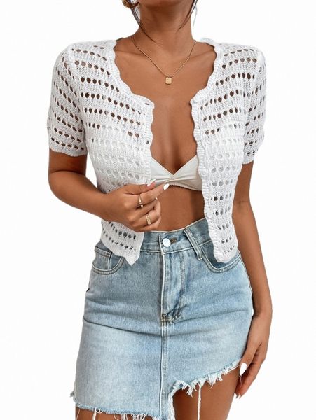 

women's sweaters scallop trim pointelle knit cardigan d4ix#, White;black