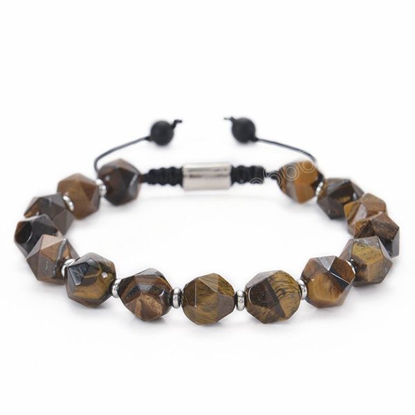 

trendy 10mm natural tiger eye stone strand bracelet for men adjustable braided beaded bracelet men jewelry, Golden;silver