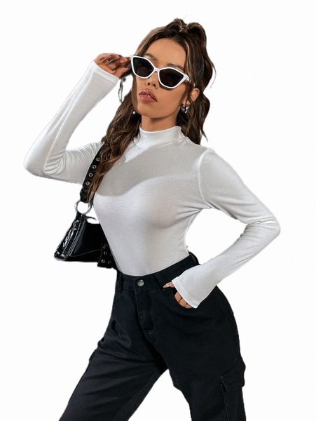 

women's t-shirt cut out back mock neck bodysuit h5xg#, White