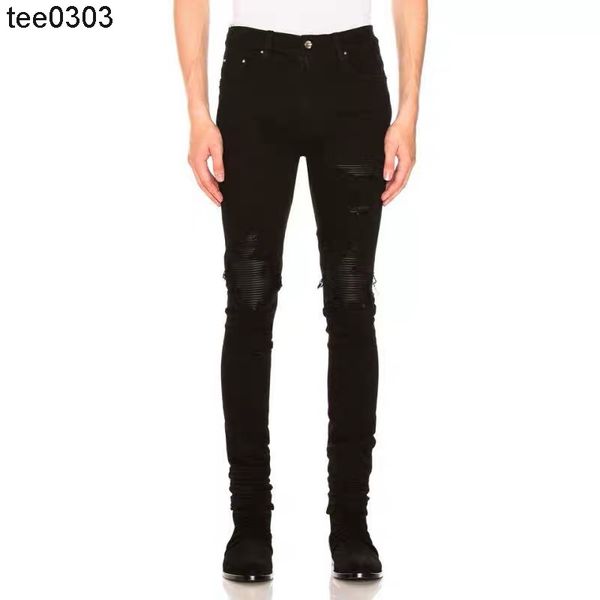 

fashion brand jeans slp amirs mx1 split leather classic perforated jeans men's and women's high street fog, Blue