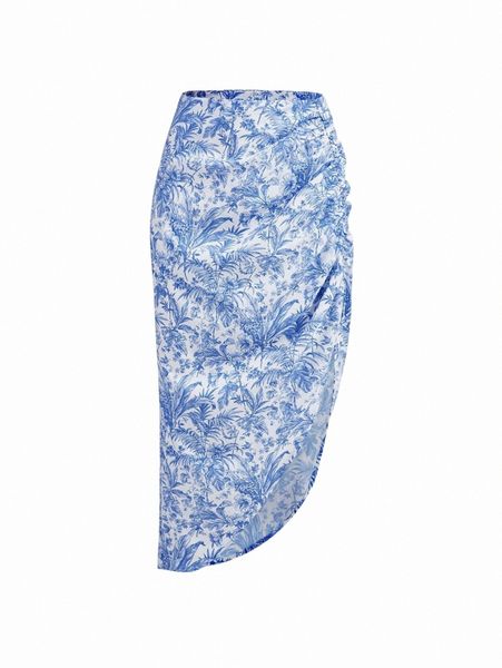 

skirts mod high waist ruched split hem tropical print skirt v8yt#, Black