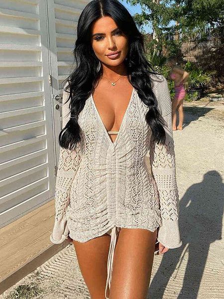 

sanches crochet see through dresses women solid long sleeve hollow out drawstring dress 2022 spring pleated female outfits t220819, Black;gray