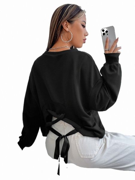 

women's hoodies & sweatshirts criss cross tie back pullover d5pc#, Black
