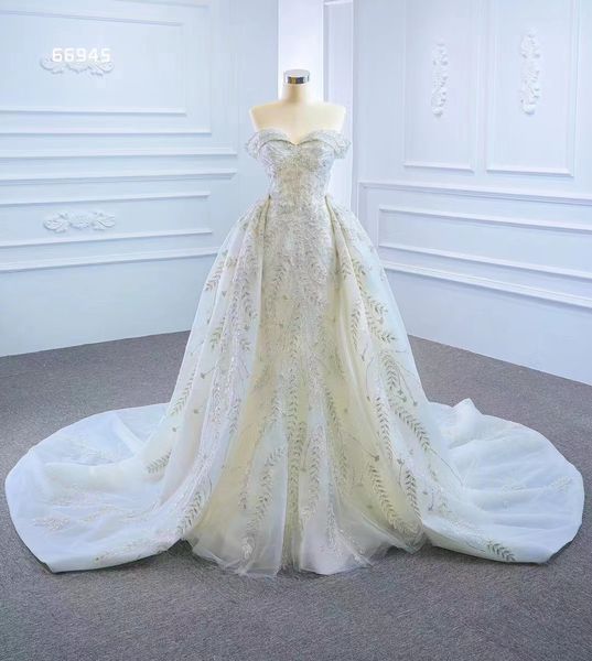 

mermaid wedding dress lace off shoulder with detachable train sm66945, White