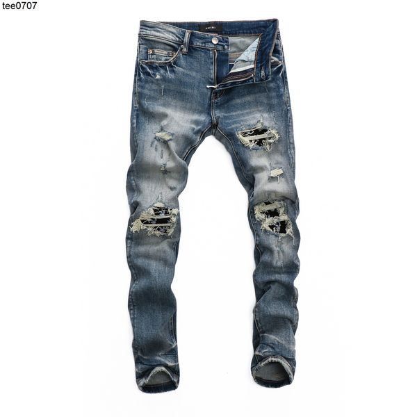 

2022 fashion jeans amirs men's wear hole patch jeans blue slim print motorcycle pants