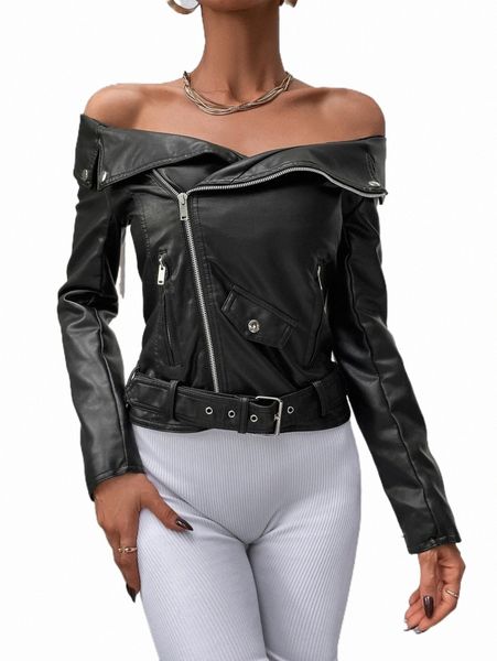 

women's jackets off shoulder zip grommet buckle pu biker jacket x3dh#, Black;brown