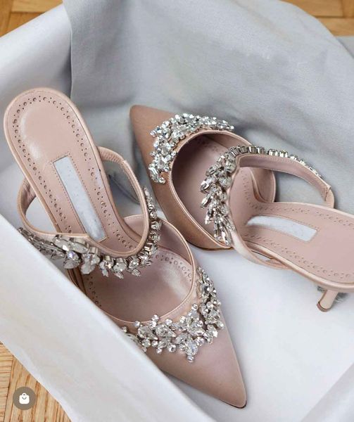 

luxury lurum sandals shoes & slippers women satin crystal embellished mules strap stiletto high heels lady slip on casual walking eu35-43, Black