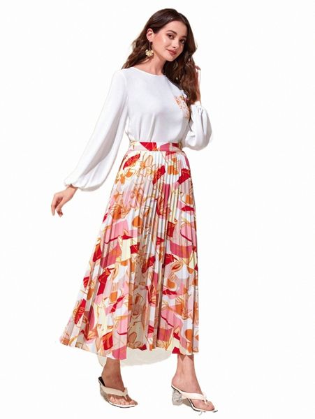 

two piece dress modely floral print pocket patched lantern sleeve blouse & pleated skirt set w9sk#, White