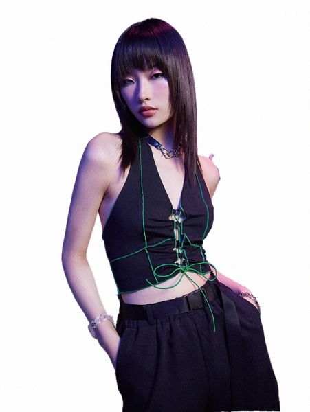 

women's tanks & camis romwe cyber luvr stitching lace up halter n5rm#, White