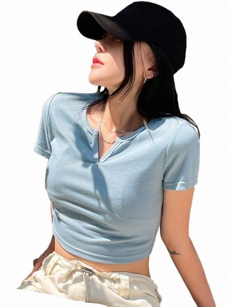 

women's t-shirt dazy ribbed knit notched neck crop tee x8i5#, White