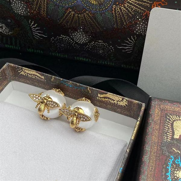 

2022 new fashion luxury brand bees designer stud earrings for women big pearl double side vintage ear rings jewelry with box packing260b, Golden;silver