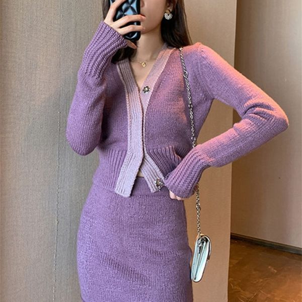

two piece dress autumn winter knitted 2 piece set womens outfits korean fashion long sleeve sweater cardigan coat mini skirt sets suits 2209, White