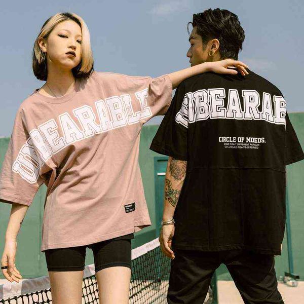 

t-shirt vegorrs american street alphabet printed short sleeve men's fashion brand hip hop loose couple casual, White;black