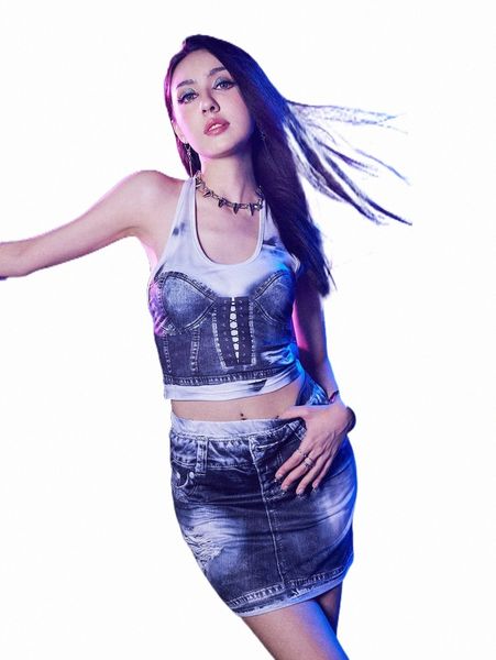 

two piece dress romwe cyber luvr faux denim halter & skirt i9fv#, White