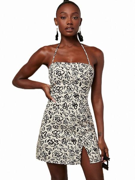 

casual dresses allover print split thigh halter dress o6jj#, Black;gray