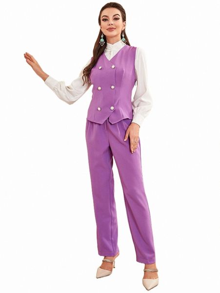 

two piece dress double breasted vest blazer & fold pleated pants x3j8#, White
