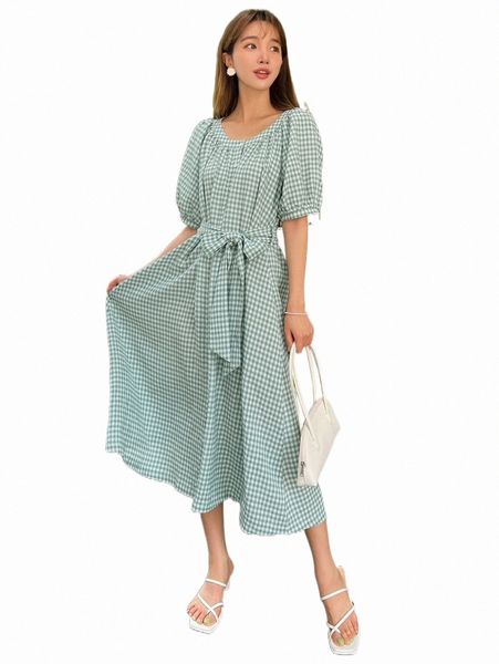 

casual dresses dazy plaid print puff sleeve belted dress b9by#, Black;gray