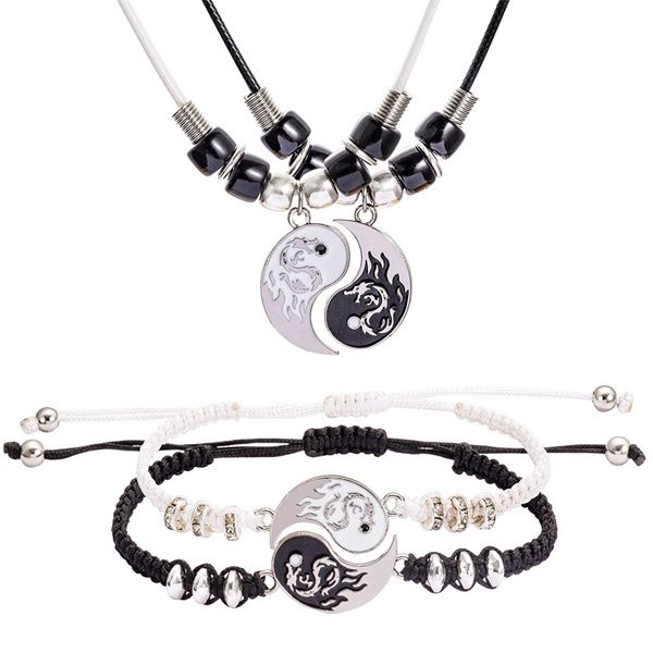 

european and american fashion cuff dragon totem yin yang tai chi gossip couple alloy pendant adjustable braided bracelet ac4, White