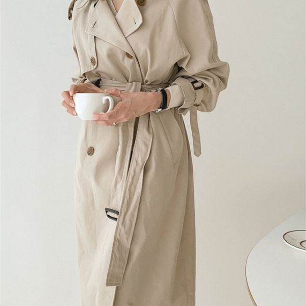 

women's trench coats women double-breasted long trench coat autumn winter casual elegant loose overcoat fashion long sleeve windbreaker, Tan;black